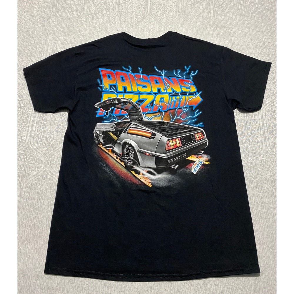 Paisans Pizza Back To The Future DeLorean Parody T-Shirt Men's L Graphic Tee